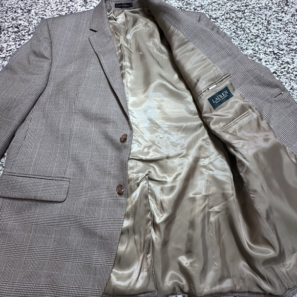 Ralph Lauren 2 Button Sport Coat 44 R‎ Windowpane Tan Polyester Jacket LRL - Picture 4 of 9
